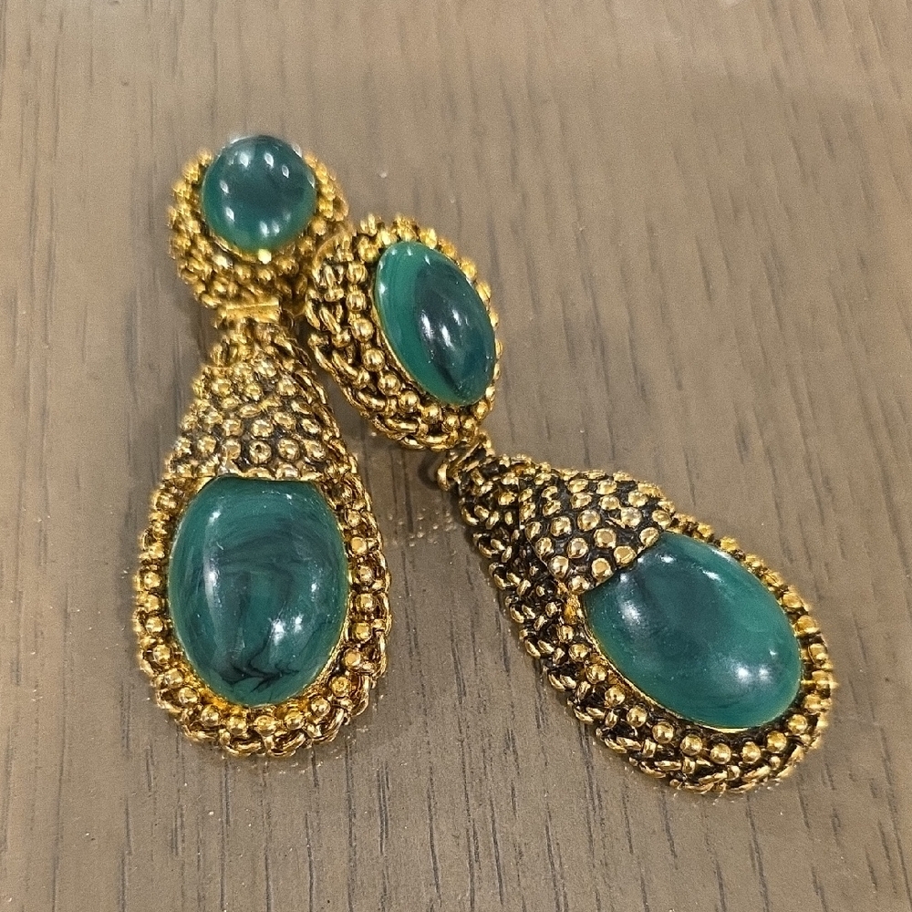 Gold-Tone Earrings with Emerald Green Cabochons